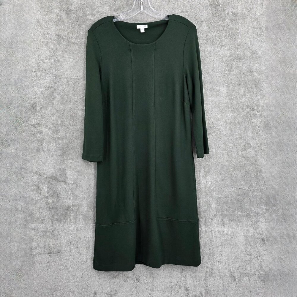 J Jill Ponte Knit Shift Dress S Dark Forest Green 3/4 Sleeve Pockets Stretchy